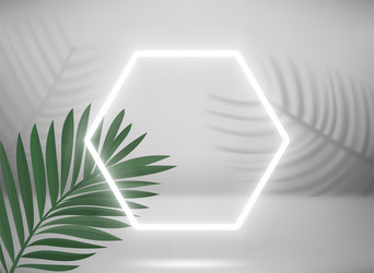 Bright stage with neon frame and palm leaves 3d vector