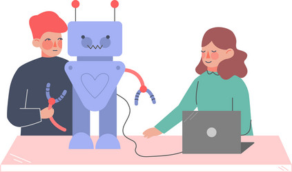 children assembling and programming robots young vector image