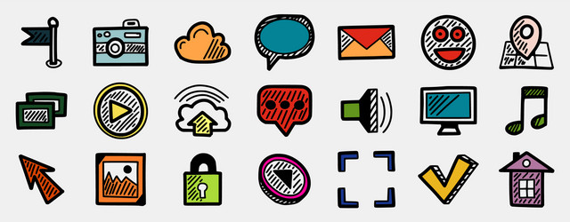 set multicolored hand drawn internet icons web vector