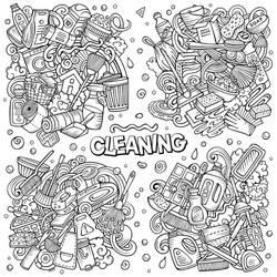 Cleaning cartoon doodle designs set vector