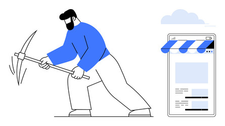 man mining with pickaxe next to online store vector image