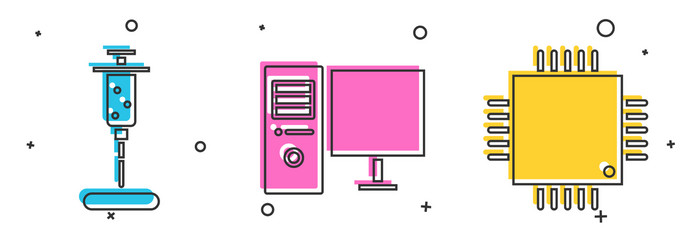 set syringe computer monitor and processor vector image