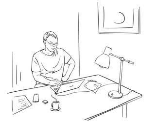 sketch man working from home on laptop vector