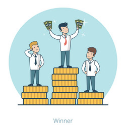 Linear flat businessmen on top of coin stack pile vector