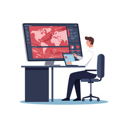 man analyzing world map and data on computer vector image
