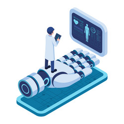 isometric doctor on ai robotic hand displaying vector image