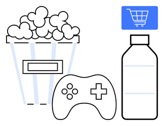 popcorn bucket game controller and water bottle vector image
