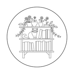 cute cat on a bookshelf with books plants vector image