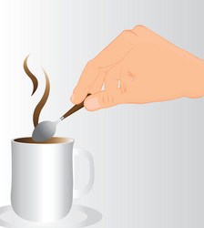 Hand stirring hot coffee over gray background vector