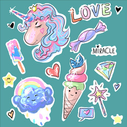 fashion patch badges with unicorns hearts vector