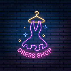 dress shop neon light sign on dark brick wall vector