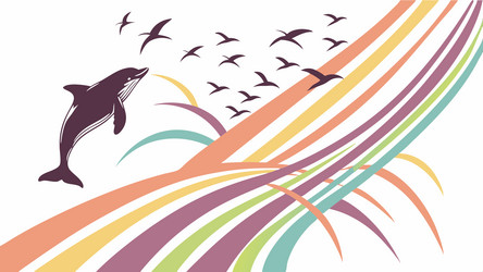 dynamic dolphin and birds on wavy abstract vector image