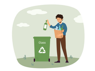 Man sorting the garbage boy throws glass trash vector