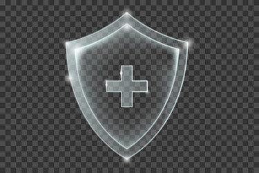 Transparent shiny shield with plus sign inside vector