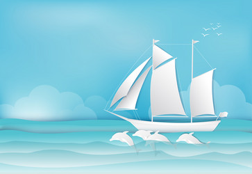 Sailing ship and dolphin in sea background vector