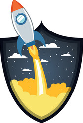 frame with rocket taking off in clouds background vector image