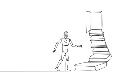 Continuous one line drawing robot climb stairs vector