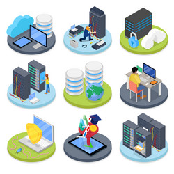Data center 3d isometric icons set pack elements Vector Image