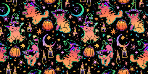 Colorful Cats in Hats - Halloween Theme Vector Image