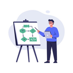 young man explaining software flowchart vector image