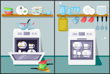 Dirty and clean dishes flat vector