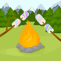 Bonfire with marshmallow - camping burning vector