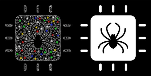 glossy mesh network chip bug icon with light spots vector image