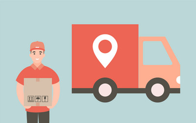 Courier with cardboard box delivery truck vector