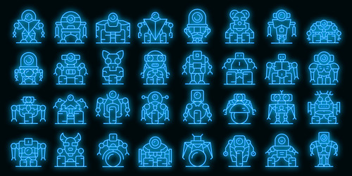 Robot-transformer icons set neon vector