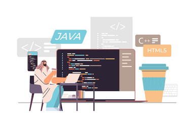 arab web developer creating program code on laptop vector image