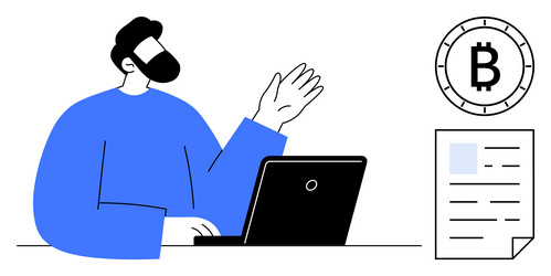 man working on laptop with bitcoin symbol vector image