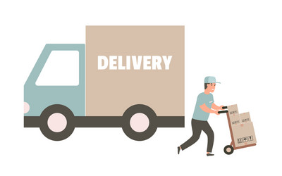 Courier with cardboard box delivery truck vector