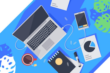flat desktop top view with laptop tea notebook vector image