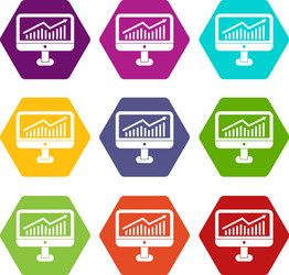 Growth graph on the computer monitor icon set vector