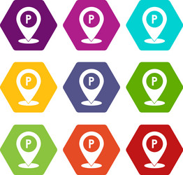 map pointer with car parking sign icon set color vector image