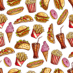 Fast food snacks and drinks seamless background Vector Image