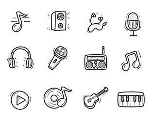 Set of music and sound icon in cute doodle style vector