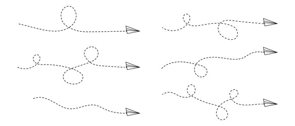 set of paper plane icons with route dashed lines vector image