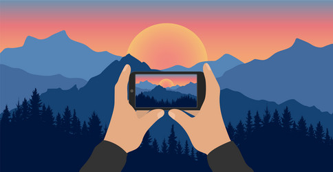 man hands hold phone and take picture vector