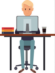 Man working sitting in desk computer work space vector