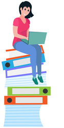 Busy female employee sitting at stack folders vector