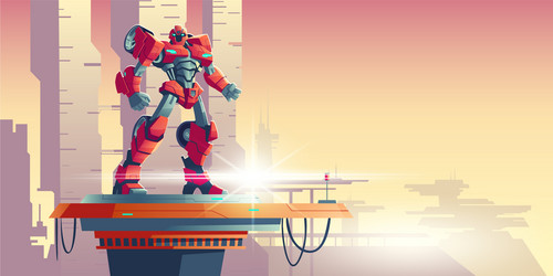 Red robot transformer alien invader on spaceship vector