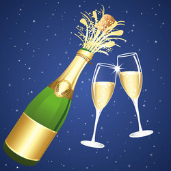 Uncorked bottle of champagne with two cups toast vector