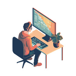young man working on computer program vector image