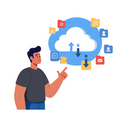 man uploading and downloading files to cloud vector image