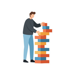 man playing stacking blocks game tower building vector image