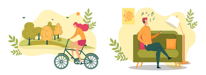 Cartoon woman ride bicycle man listening music vector