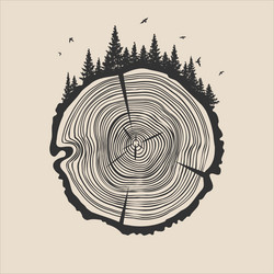 round tree trunk cut with trees forest and birds vector image