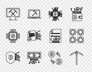 Set line shield with bitcoin pickaxe processor vector