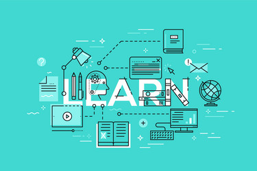 Thin line flat design banner of learning web page vector